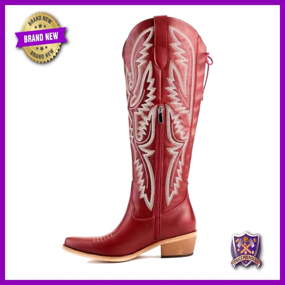 Knee High Cowboy Boots Adjustable Lace Up Embroidered Chunky Heel Western Boots - Picture 4 of 7